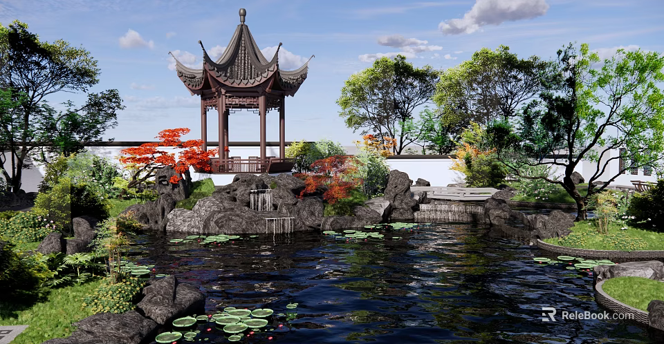 Rockery Stones In Garden With Pond Lotus Leaves Traditional Pagoda And Red Leaf Trees 3d model 