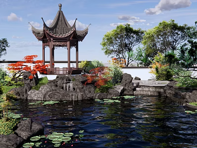 Rockery Stones In Garden With Pond Lotus Leaves Traditional Pagoda And Red Leaf Trees 3d model