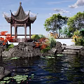 Rockery Stones In Garden With Pond Lotus Leaves Traditional Pagoda And Red Leaf Trees