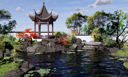 New Chinese style garden landscape demonstration area landscape rockery waterscape small bridge flowing water hexagon pavilion garden pool 3d model