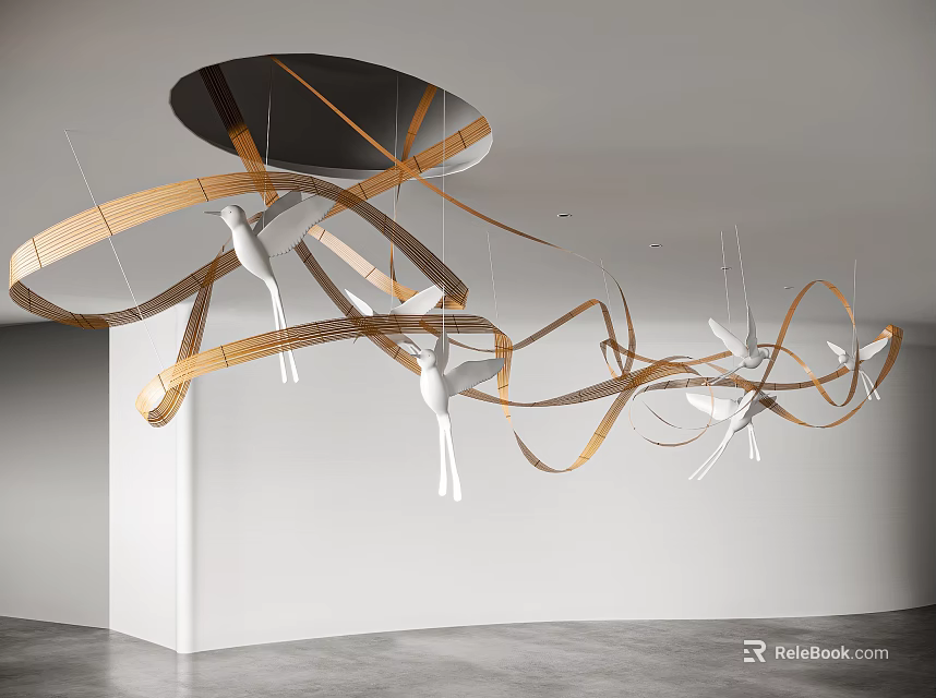 Wooden Curved Strips With White Bird Hanging Decor For Indoor Ceiling 3d model 