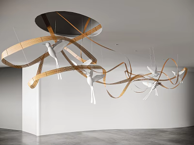 Wooden Curved Strips With White Bird Hanging Decor For Indoor Ceiling 3d model