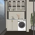 Modern Home Balcony Design With White Cabinets Sink Washing Machine Dried Flowers Cactus And Blinds