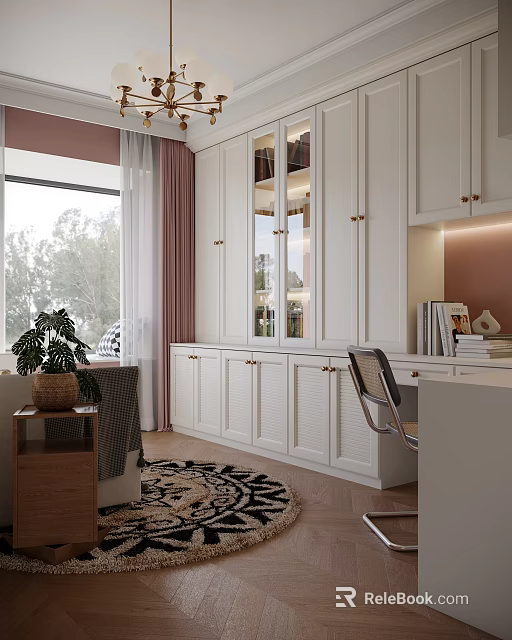 Modern Study Room With White Cabinets Desk Plant And Large Window 3d model