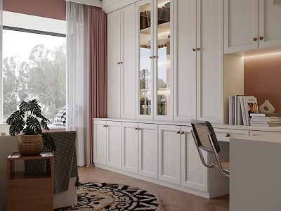 Modern Study Room With White Cabinets Desk Plant And Large Window 3d model