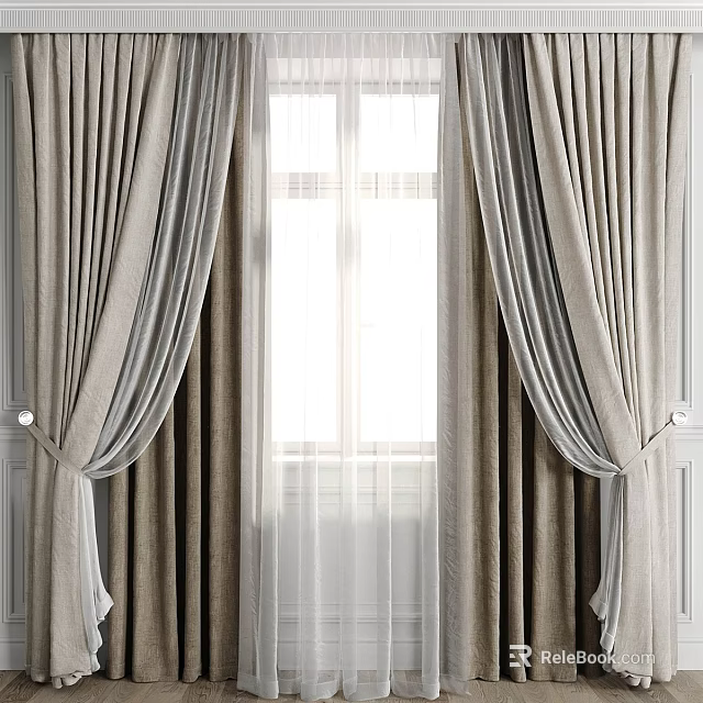 Elegant Double Layer Curtains With Thick Beige And Sheer White For Window Interior 3d model