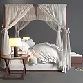Double Bed with Canopy White Linens Side Tables Lamps and Two Stools at Foot