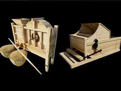Traditional Wooden Agricultural Equipment for Grain Processing with Tools and Baskets 3d model