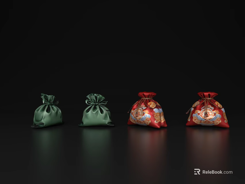 Four Small Pouches Featuring Two Green And Two Red Decorative Patterned On Black Background 3d model 