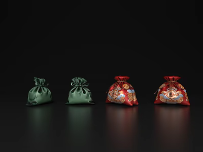 Four Small Pouches Featuring Two Green And Two Red Decorative Patterned On Black Background 3d model