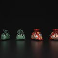 Four Small Pouches Featuring Two Green And Two Red Decorative Patterned On Black Background 3d model