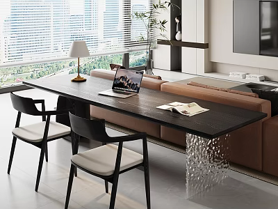 Modern Living Room Table And Chairs With Table Lamp Laptop Open Book By Large Windows 3d model