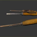 3D Rendered Hardware Tools Chisels With Wooden Handles And Rusty Metal Parts On Dark Background