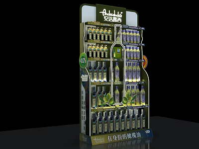 Multi tiered Illuminated Retail Display Shelf with Neatly Arranged Olive Oil Bottles 3d model