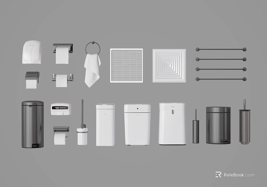 Elegant Modern Bathroom Accessories With Towel Racks Toilet Paper Holders And Trash Cans 3d model 