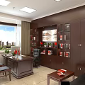 Office Interior Design With Wooden Desk Computer Monitor Black Leather Sofa And Bookshelf