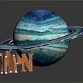 Blue Striped Saturn Planet Model With Ring Structure And Wooden Stand