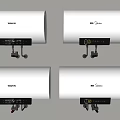 Four White Wall Mounted Haier And Midea Electric Water Heaters With Control Panels And Pipes