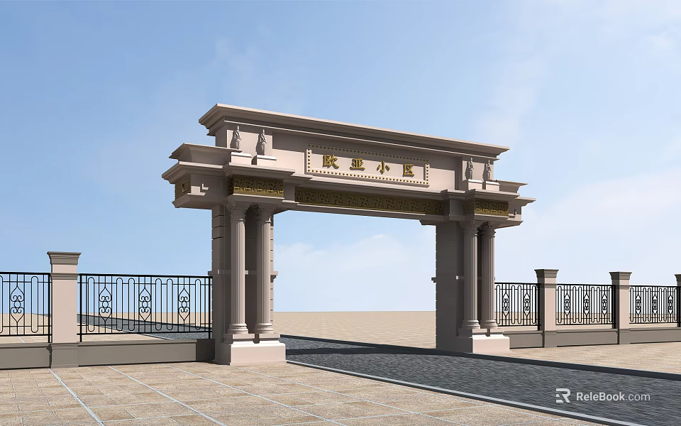 Elegant European Style Residential Community Entrance Gate With Stone Columns And Carved Decorations 3d model 