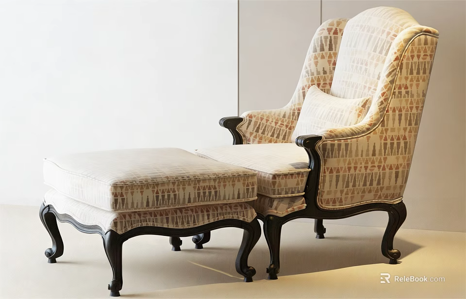 Classic Accent Chair with Cream Patterned Fabric Ottoman Dark Wood Arms and Legs 3d model 