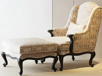 Classic Accent Chair with Cream Patterned Fabric Ottoman Dark Wood Arms and Legs 3d model