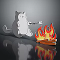 Gray Cat Holding Stick With Marshmallow Roasting Over Campfire Flames And Logs On Dark Background
