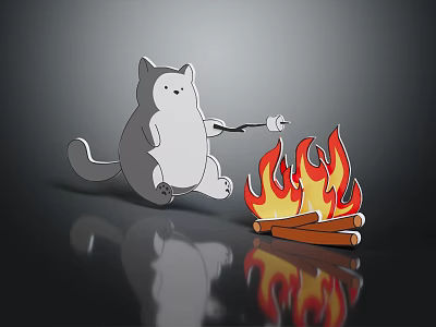 Gray Cat Holding Stick With Marshmallow Roasting Over Campfire Flames And Logs On Dark Background 3d model