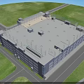 Modern Multi Storey Industrial Factory Building Aerial View With Green Lawn Road And Roof Equipment