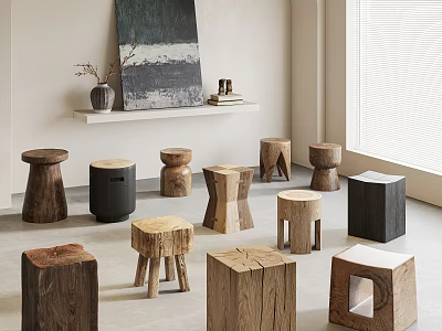 Various Design Wooden Stools With Diverse Shapes And Natural Tones In Modern Interior 3d model