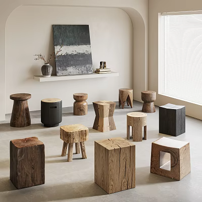 Various Design Wooden Stools With Diverse Shapes And Natural Tones In Modern Interior 3d model