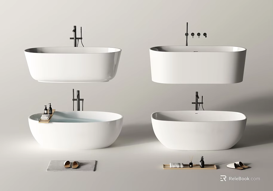 Elegant Modern White Free-standing Bathtub with Faucet and Bathroom Accessories 3d model 