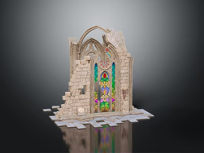 Cartoon Style Scene Featuring Ruined Stone Arch Colorful Stained Glass Window and Scattered Stone Blocks 3d model