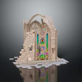 Cartoon Style Scene Featuring Ruined Stone Arch Colorful Stained Glass Window and Scattered Stone Blocks