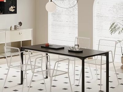 Modern Black Dining Table Set With White Mesh Chairs And Window Blinds 3d model