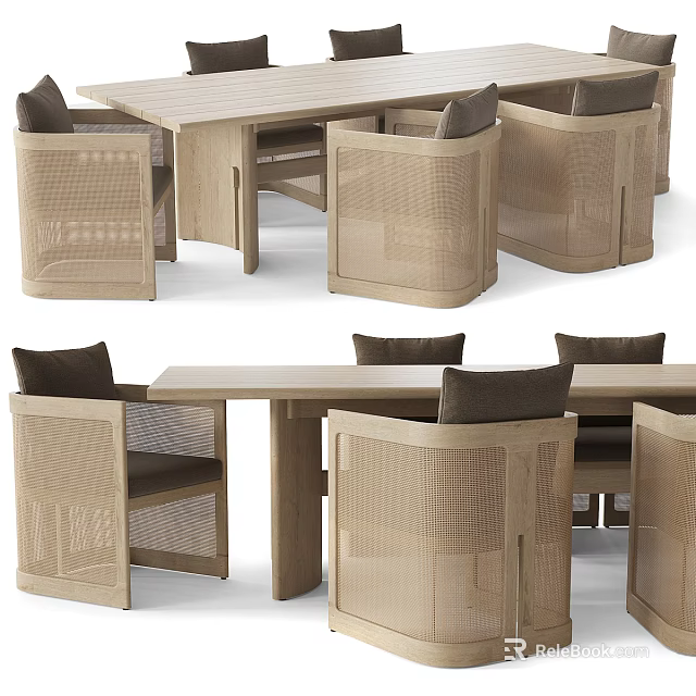 Natural Light Wood Dining Table Set With Woven Rattan Chairs And Modern Design 3d model 