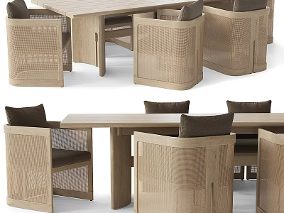 Natural Light Wood Dining Table Set With Woven Rattan Chairs And Modern Design 3d model