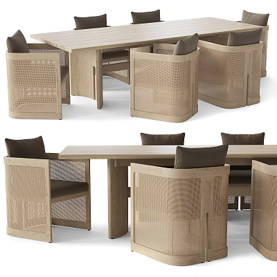 Natural Light Wood Dining Table Set With Woven Rattan Chairs And Modern Design 3d model