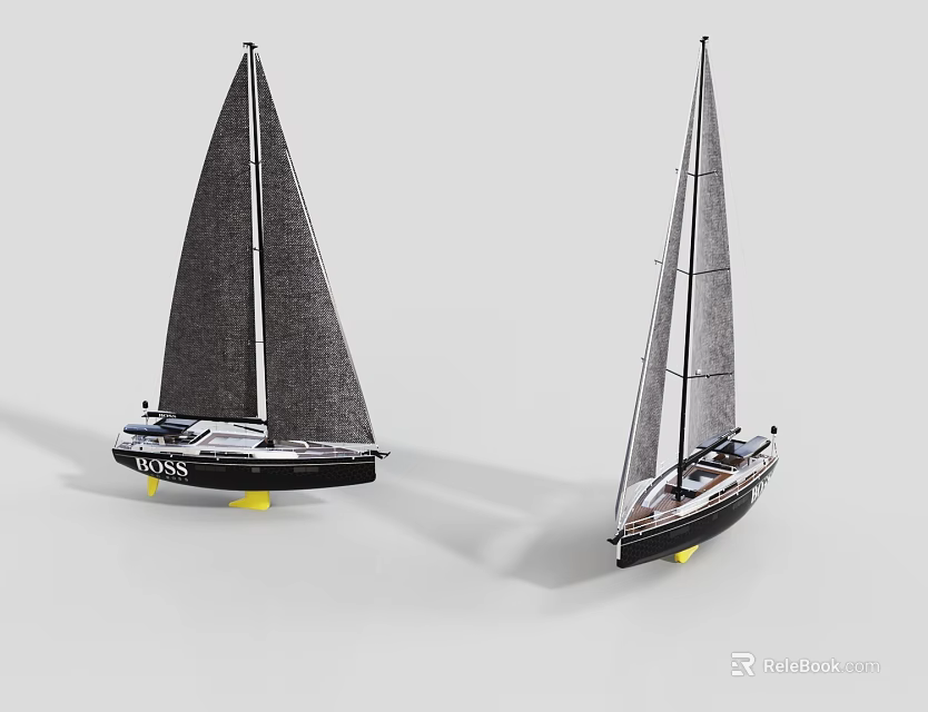 Pair of Modern Decorative Sailboat Model Ornaments with Black Sails and Yellow Base 3d model 