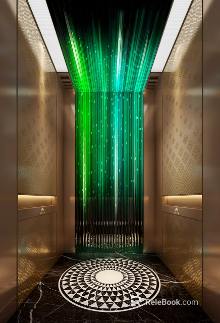 Elevator Interior With Green Blue Vertical Light Curtain Geometric Patterned Walls And Wall Lights 3d model