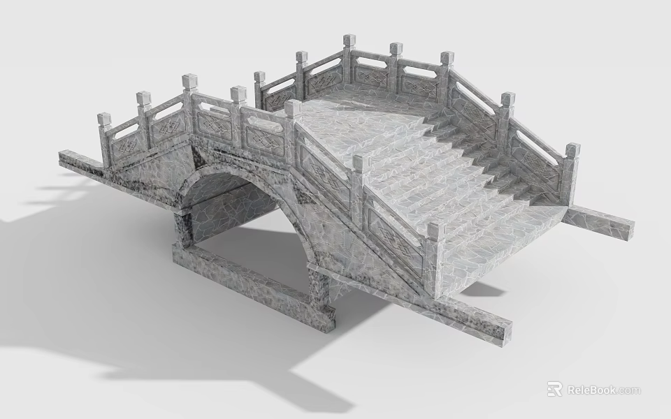 Traditional Stone Arch Bridge with Intricate Stone Railings and Staircase Design 3d model 