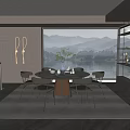 Elegant Modern Restaurant Interior Featuring Round Dining Table Chairs Fireplace And Mountain View Window 3d model