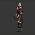 Game Movie Warrior Character With White Hair Ornate Armor Gold Red Accents And Weapons