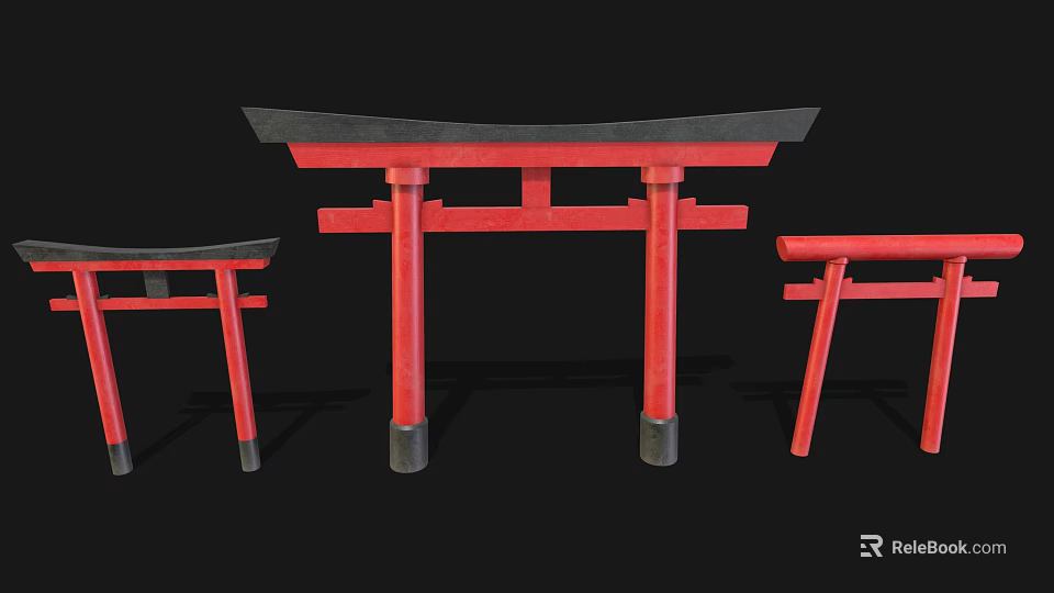 Traditional Red Torii Gate Structures With Black Roofs And Different Sizes 3d model 