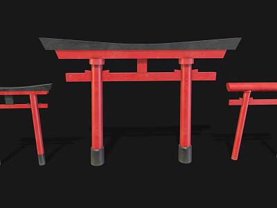 Traditional Red Torii Gate Structures With Black Roofs And Different Sizes 3d model