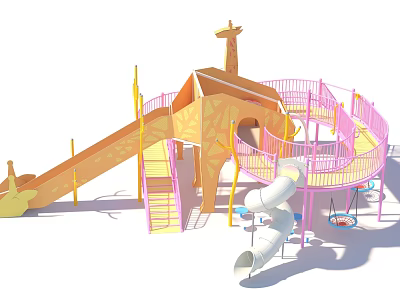 Playful Children's Playground Garden Landscape With Giraffe Shaped Structure Slides Pink Railings And Circular Walkway 3d model
