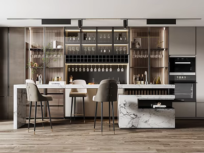 Modern Bar Counter in Open Kitchen with Marble Countertop Bar Stools and Wine Rack Bottles 3d model