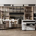Modern Bar Counter in Open Kitchen with Marble Countertop Bar Stools and Wine Rack Bottles
