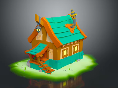 Cartoon Style Small House With Green Roof Orange Trim Porch Steps And Yellow Windows 3d model