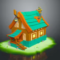 Cartoon Style Small House With Green Roof Orange Trim Porch Steps And Yellow Windows