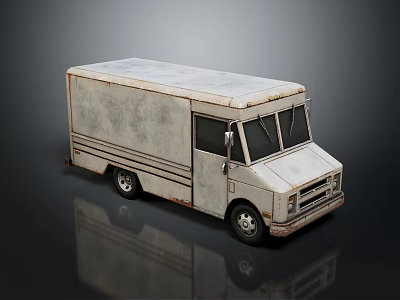 Old Silver Gray Box Truck With Worn Surface And Dark Background Reflection 3d model